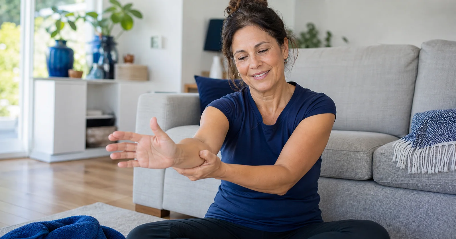 Woman at home lightly stretching her wrist and forearm