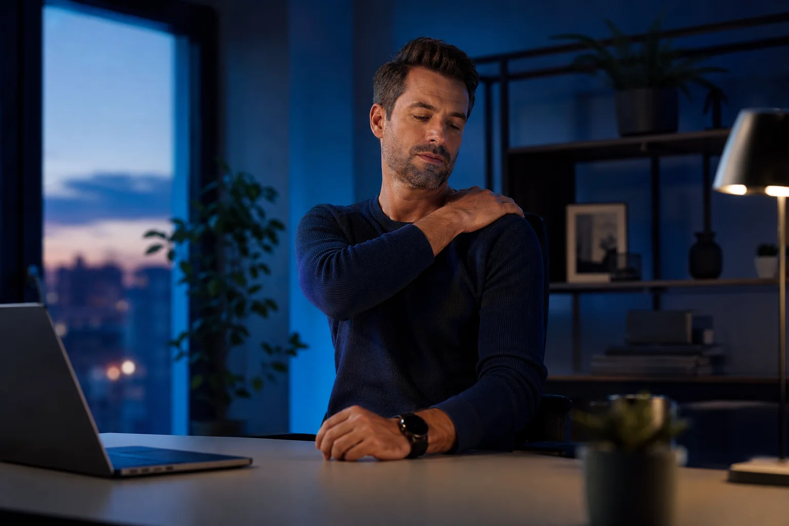 Desk worker taking a break and gently holding his shoulder