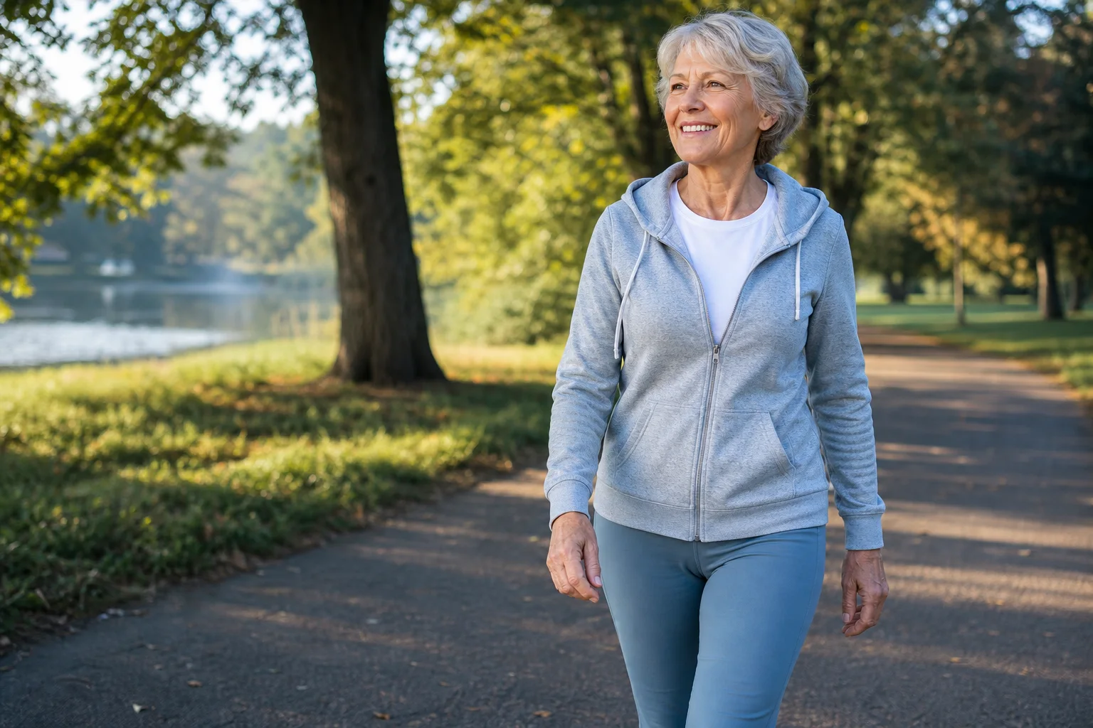 Older woman enjoying a confident morning walk in a park