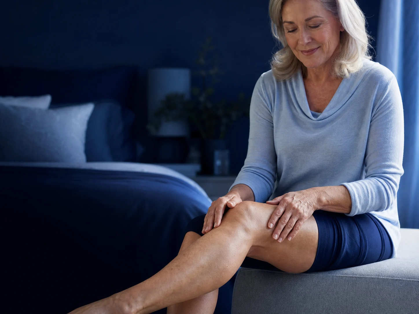 Older adult attending to an everyday knee ache at home