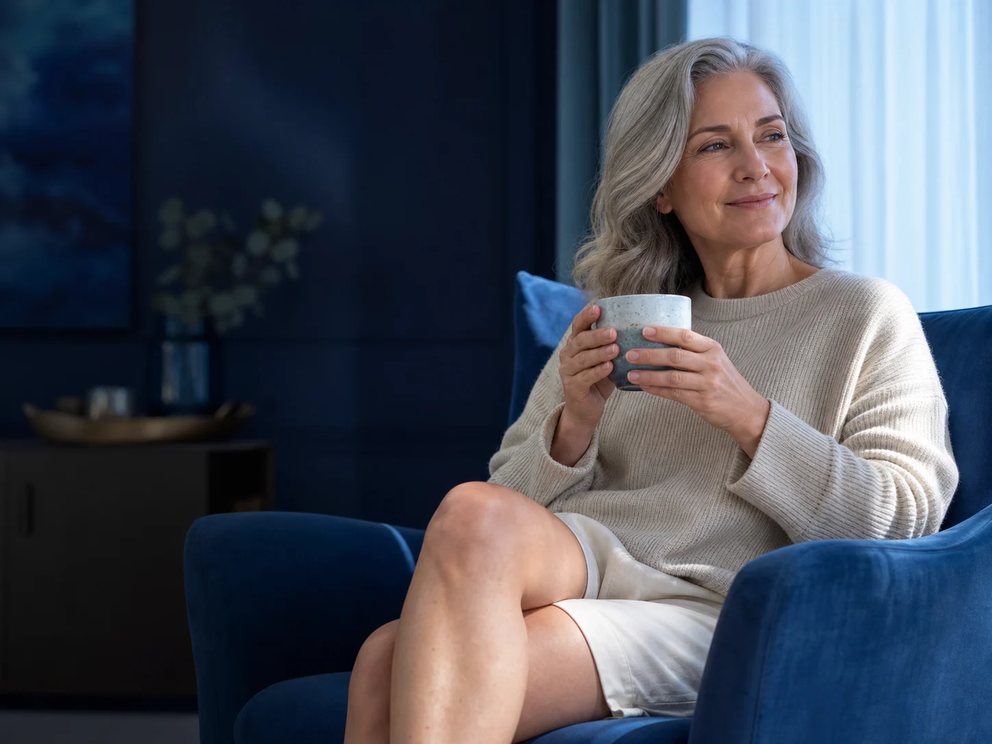 Relaxed adult holding a cup with both hands away from the knee
