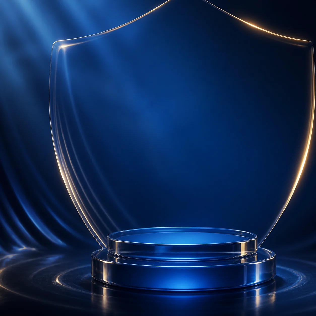 Royal-blue product stage framed by a protective glass shield