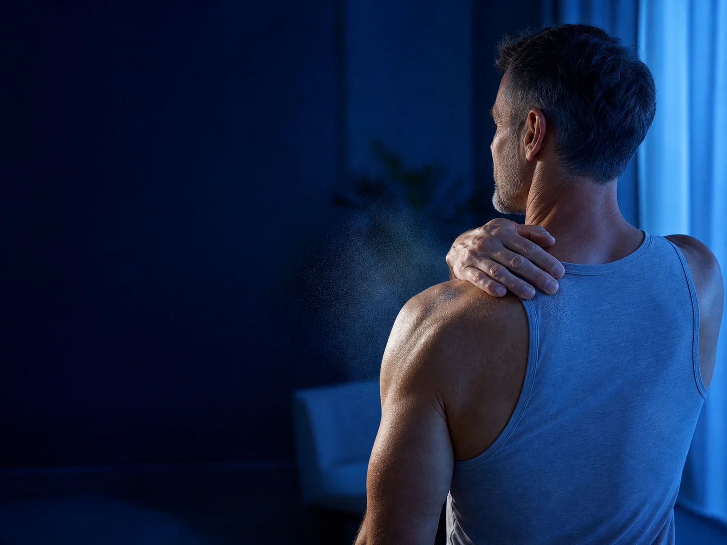Adult preparing to apply a topical spray to the shoulder area